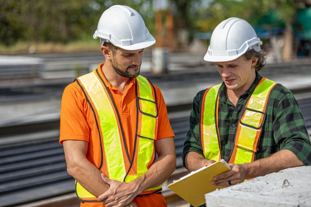 Construction workers review plans at a job site.